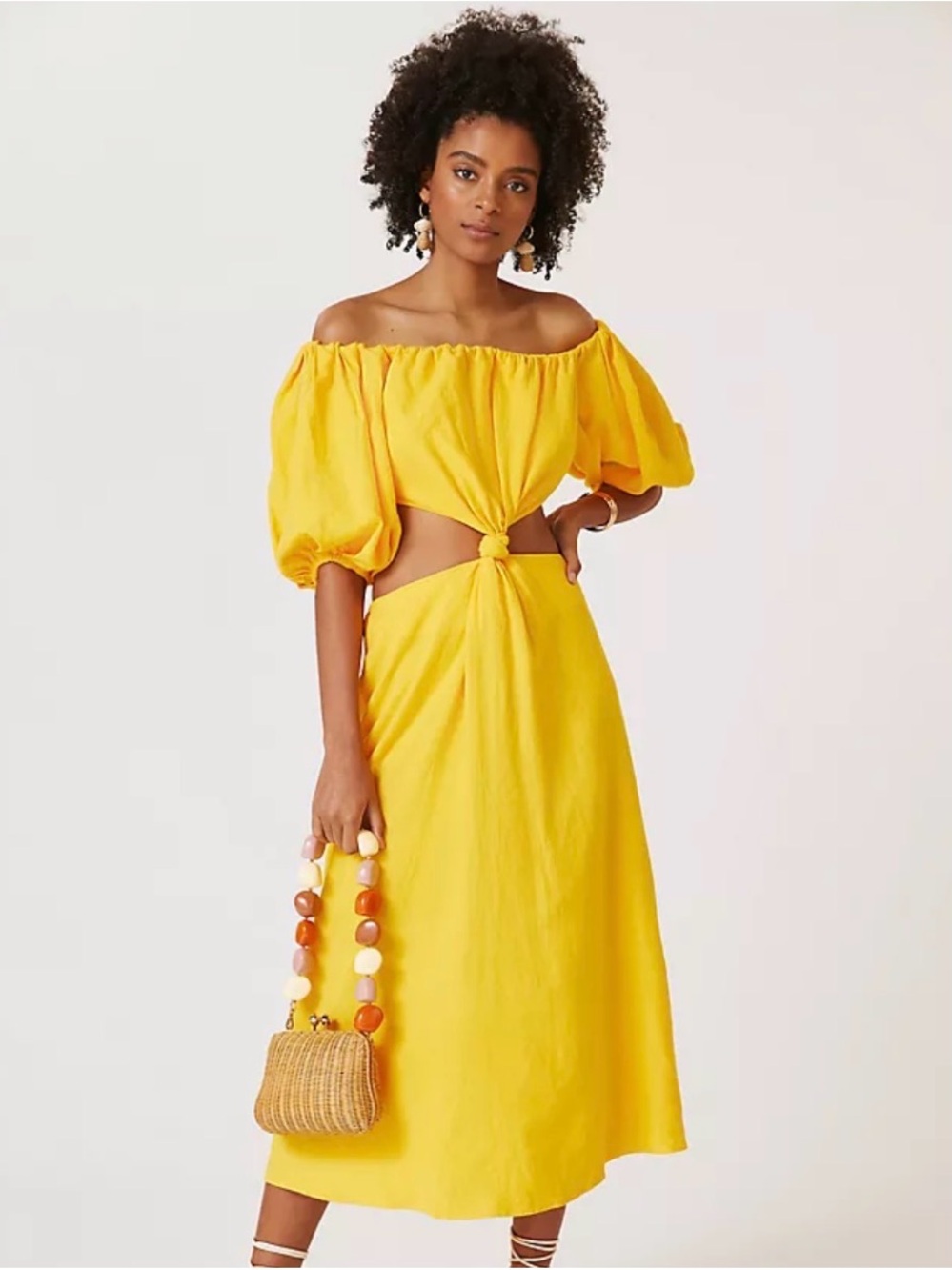 FARM Rio Yellow Knot-Front Midi Dress with Vibrant Yellow Hue